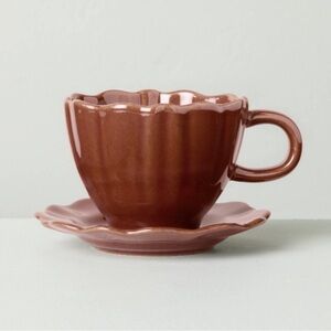 HEARTH & HAND NWT scallop stoneware espresso cup & saucer -brown -5oz